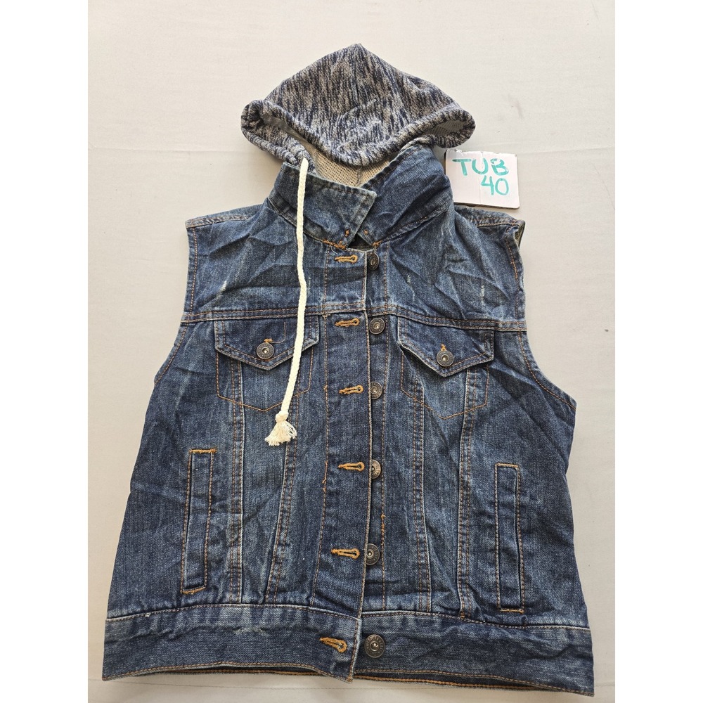 Bee & Dee Los Angeles Womens Blue Denim Hooded Vest Distressed Jean Jacket Small